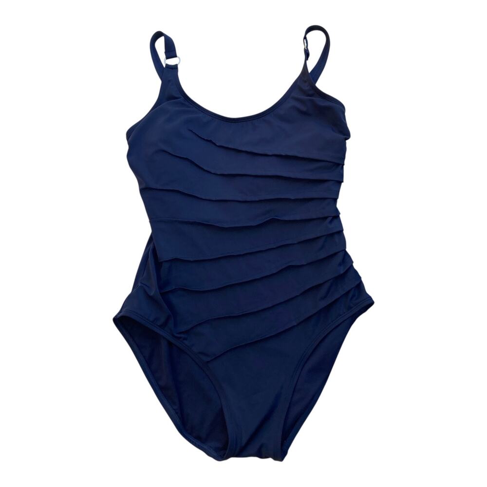 Calvin Klein Navy Blue Ruffle One Piece Swimsuit Women’s Sz 14 Adjustable Straps
